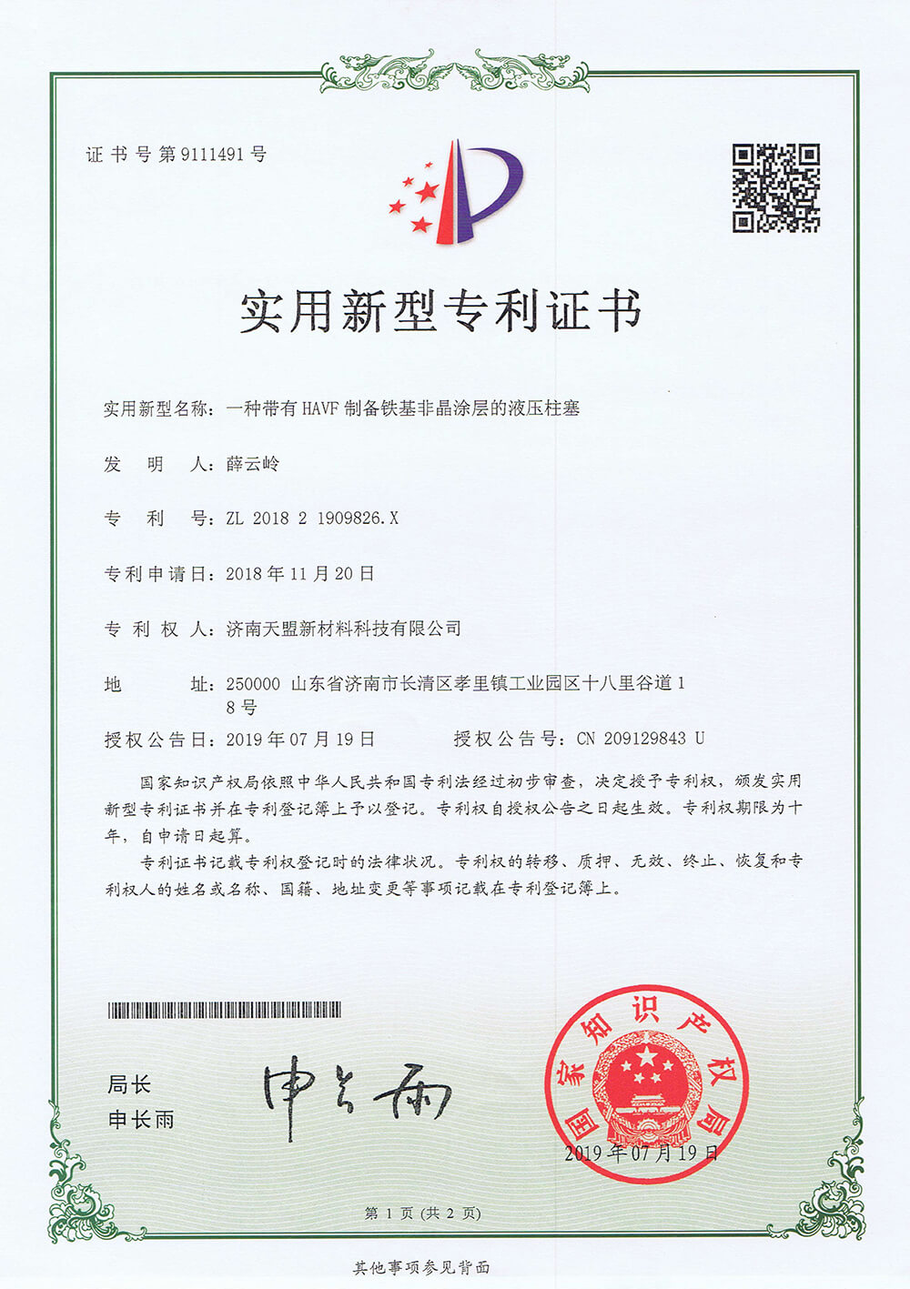 金属6676专利证书